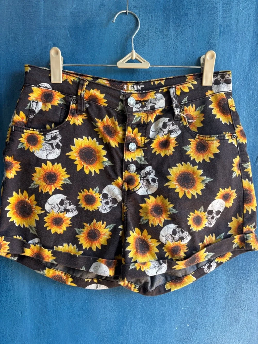 Women’s Black Sunflower & Skull Print Shorts - Picture 1 of 2